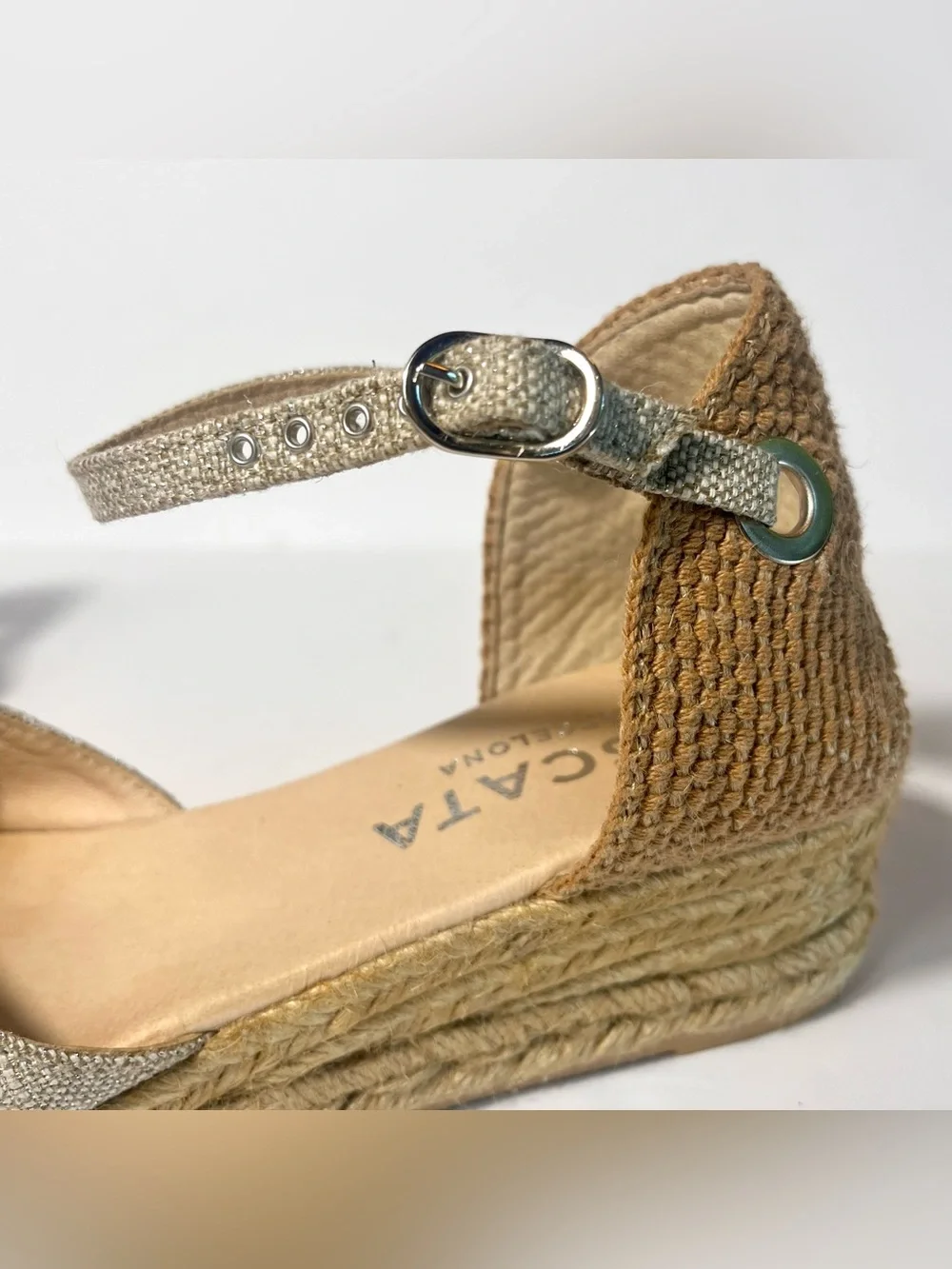 Viscata Pubol Canvas Espadrille Wedge Sandals 40 9 Leather Metallic Ankle Strap